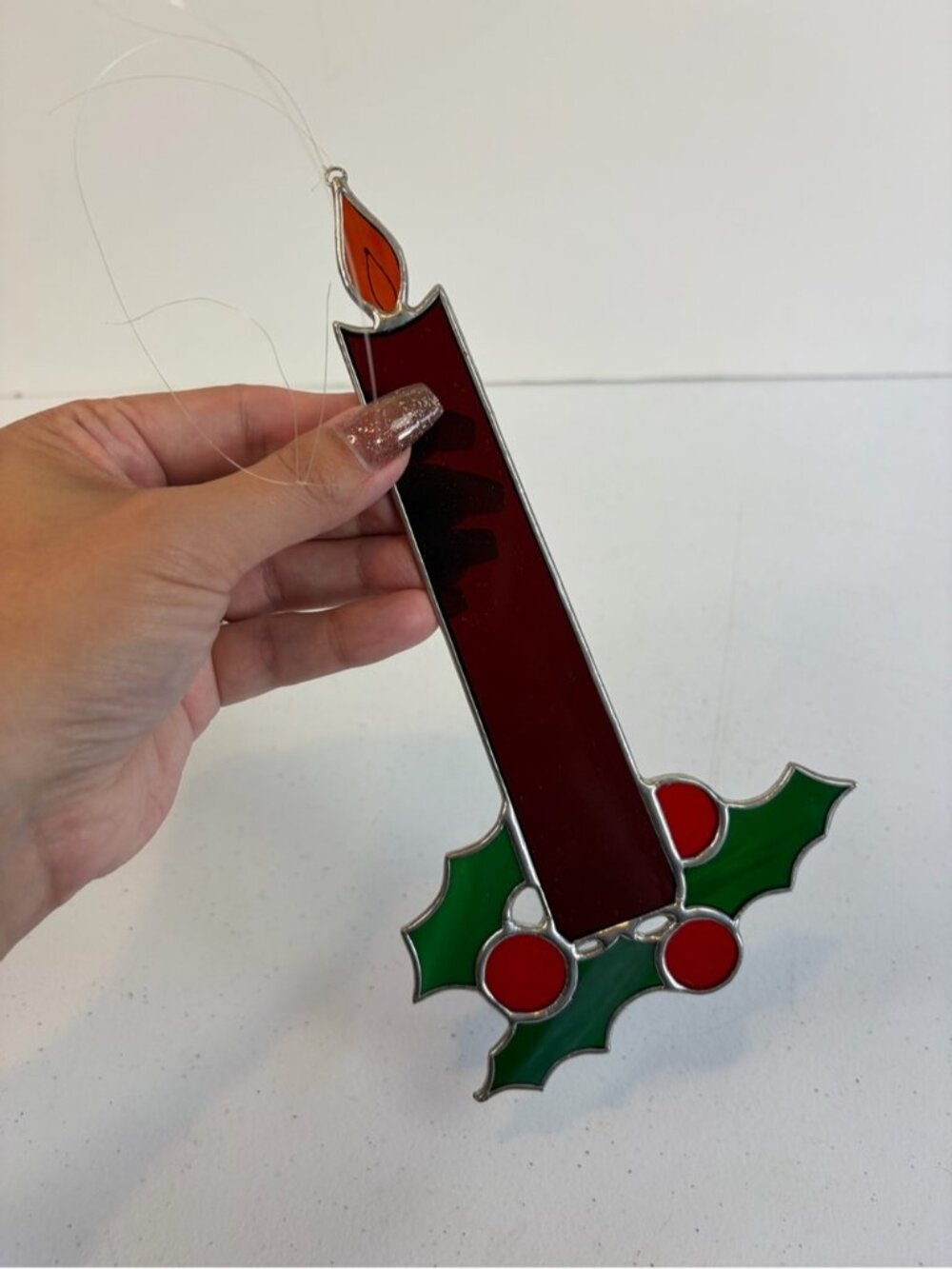 Stained Glass Christmas Candle Suncatcher Red Holly Holiday Decor Traditional